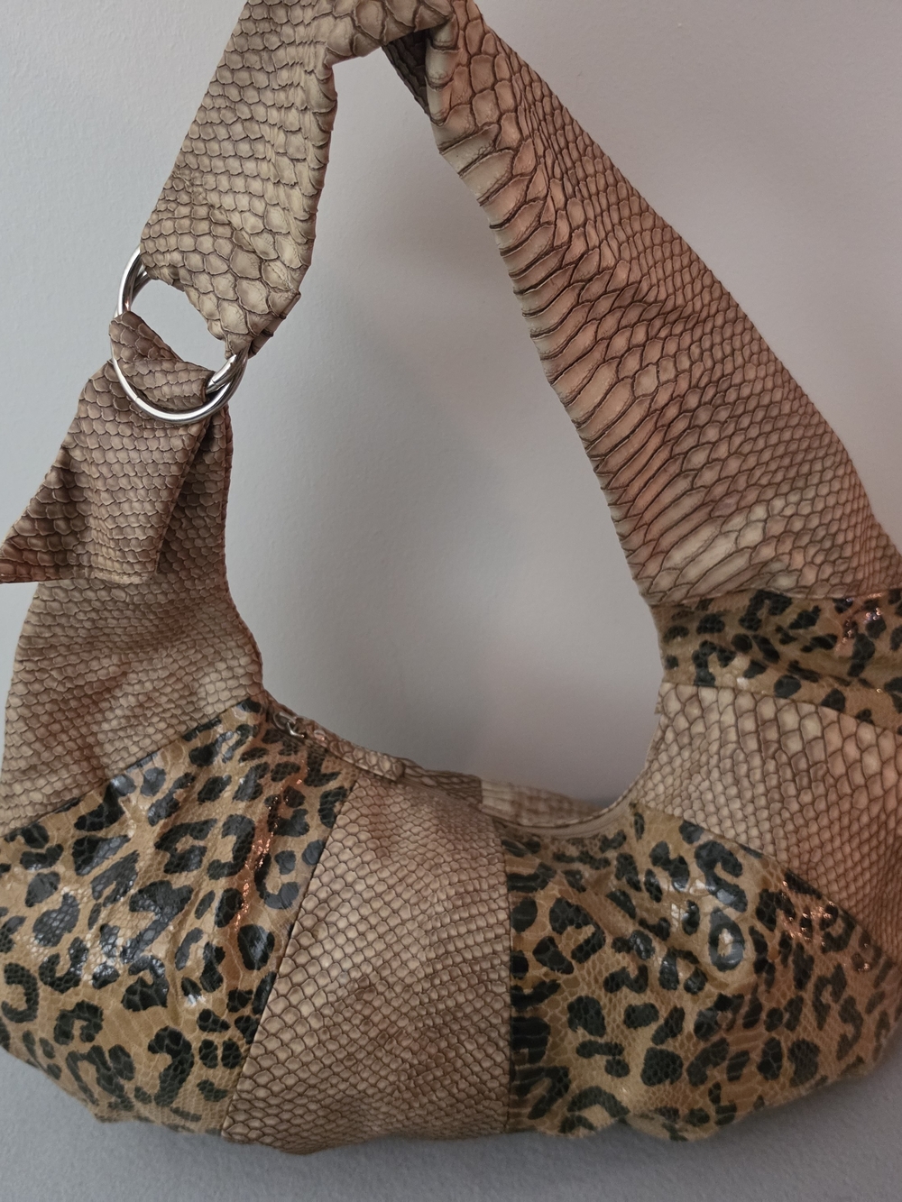 Giannini Leopard/Snakeskin Patch Hobo Bag in Tan and Brown